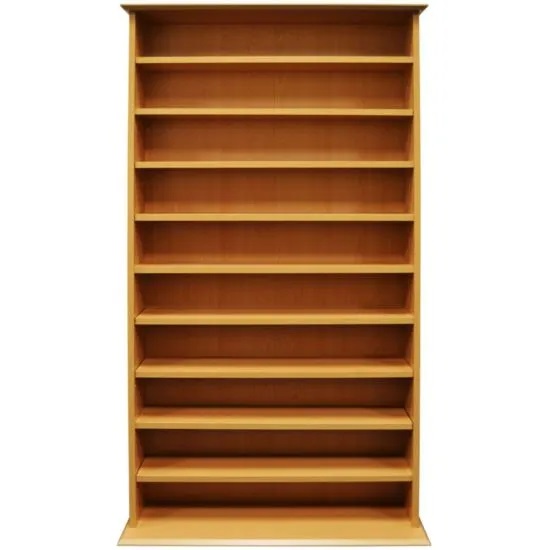 Versatile free standing open pine wood effect unit with eight adjustable shelves plus fixed centre and base shelves. Holds up to 760 CDs or 318 DVDs / Blu-rays / computer games or 150 videos or a combination of these. 18mm thick shelves. Distance between shelves if all ten used and evenly spaced = 13.5cm. Brand new flat packed. RRP £129.99